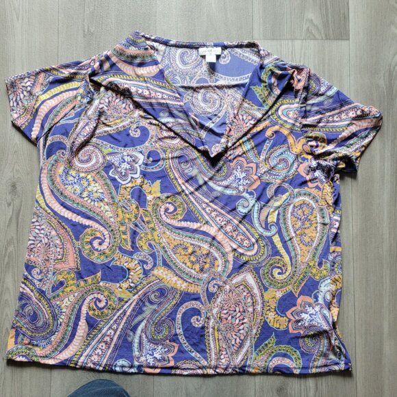 Jackie Smith Collection Womens Paisley Print V-Neck Short Sleeve Top 2X Polyeste - Picture 1 of 5